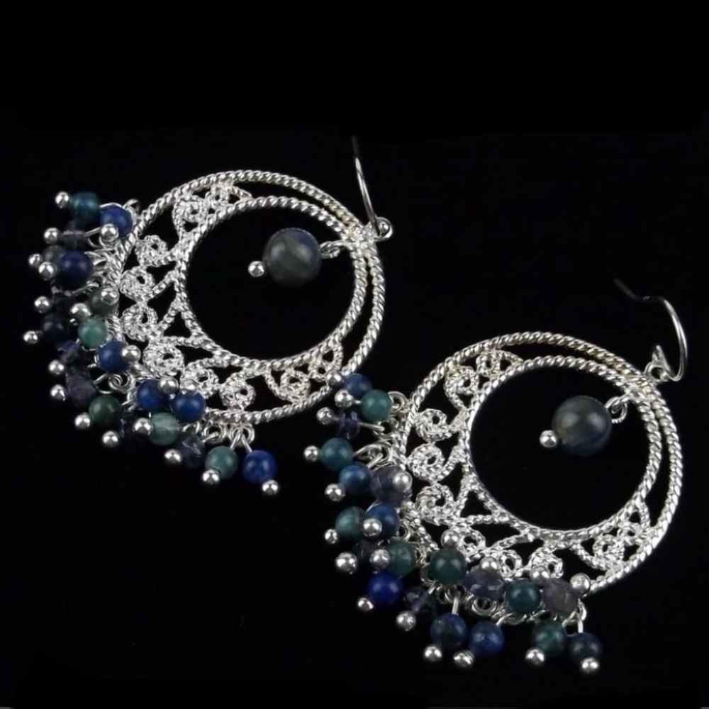 New Heavy Designer Sterling Silver Lapis Sapphire Earrings‎